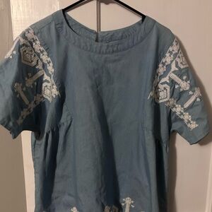 Blue Embroidered Short Sleeve Top
